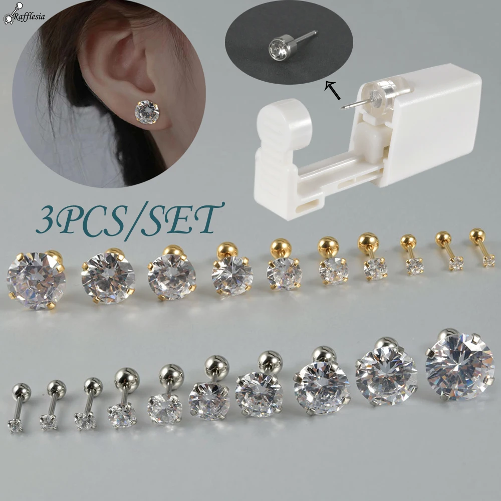 Easy to Use Disposable Sterile Ear Piercer 1 Set with Round Zircon Safe Ball Buckle Set Piercing Gun Body Piercing Jewelry