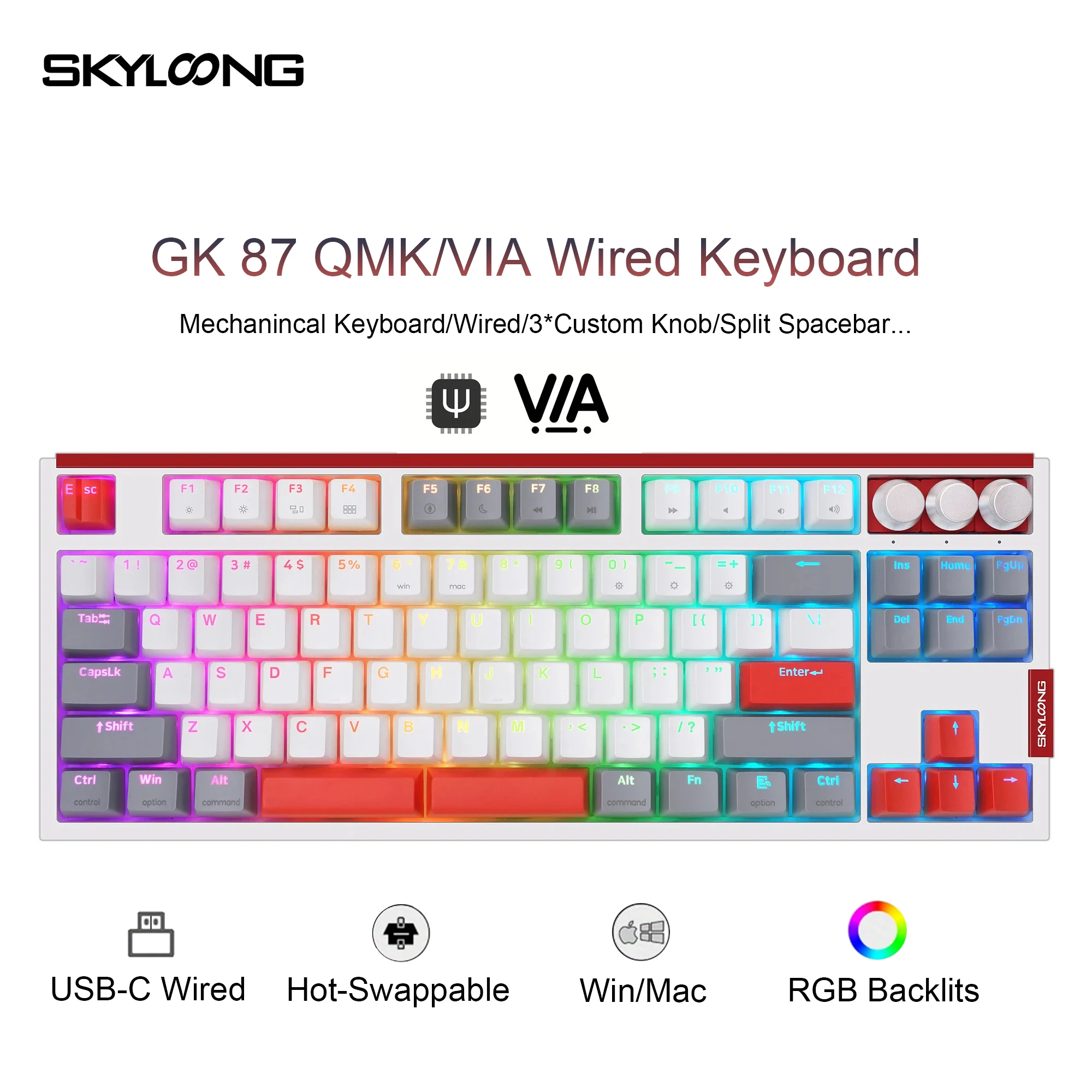 SKYLOONG GK87 QMK/VIA Механическая клавиатура Проводная USB-клавиатура для геймеров TKL — VIA Программируемые макросы 3 ручки и фиксированные двойные пробелы 87-клавишная клавиатура с возможностью горячей замены