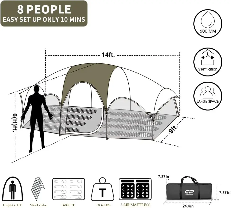 Tent 8 Person Camping Tents, Weather Resistant Family Tent, 5 Large Mesh Windows, Double Layer, Divided Curtain for S