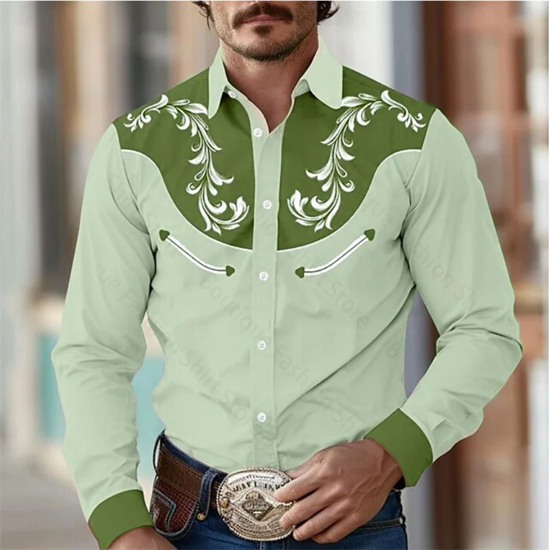 thumbnail image 1 of Camisa de hombre estilo occidental retro con estampado floral, informal, para exteriores, calle, uso diario, primavera y verano, con solapa, manga larga, tallas S-5XL, camisa de tela elástica, 1 of 5