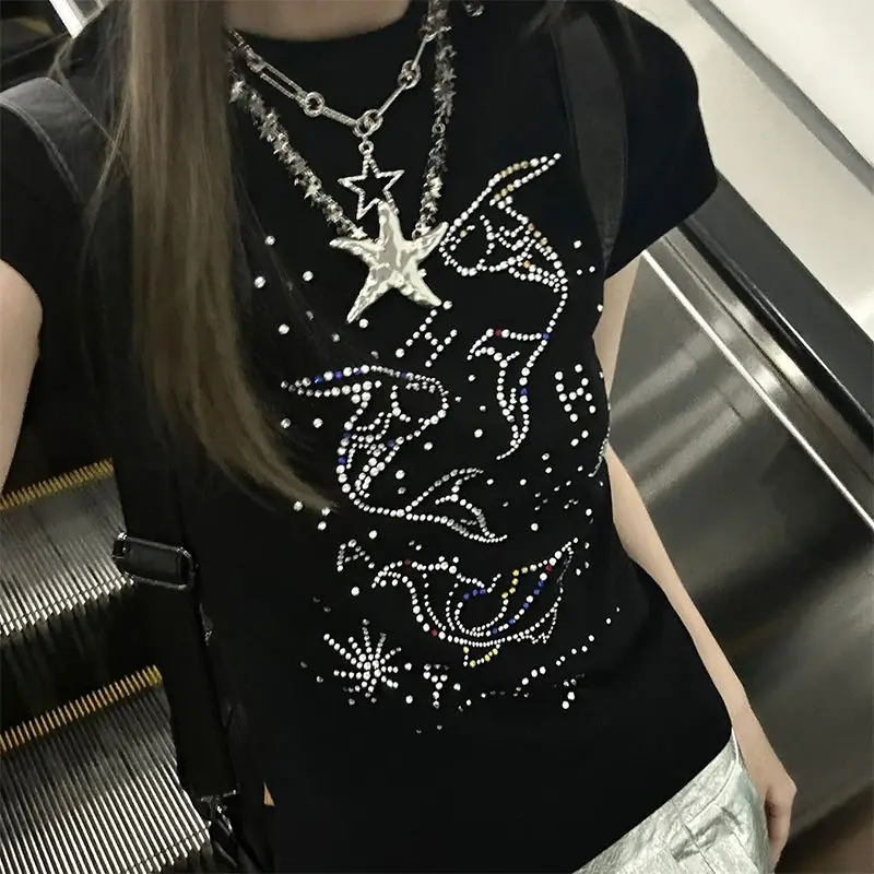 

Sweet Y2k Aesthetic Sexy Cropped Top Personality Diamond Chic Grunge T-shirt Women Solid Slim Japanese Simple Casual Tee Shirts