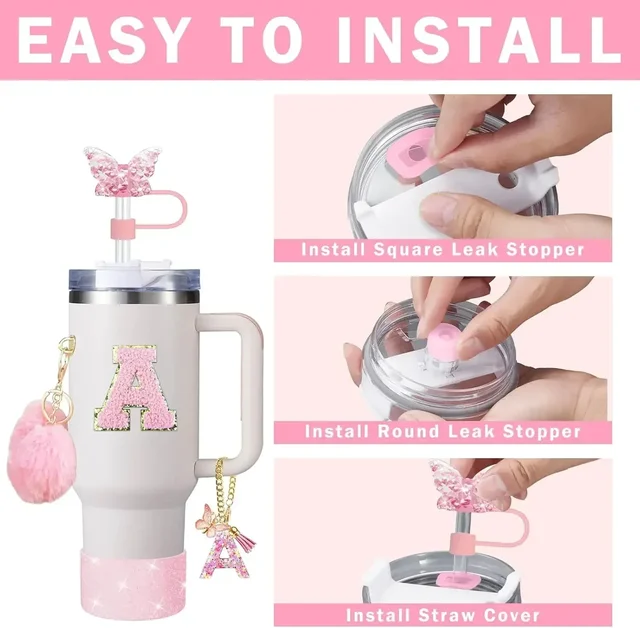 9PCS Accessory Set for Stanley Cup 30oz 40oz Butterfly Straw Cover Cap Silicone Boot Charm Initials Sticker Spill Proof Stopper 3