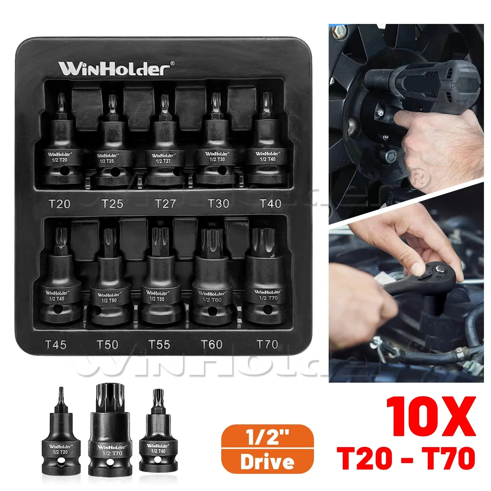 10Pieces Impact Torx Bit Sockets 1/2" Drive Trx Star Hardened S2 Steel Bits CR-V Socket Set T20 To T70 Car Repair Tool