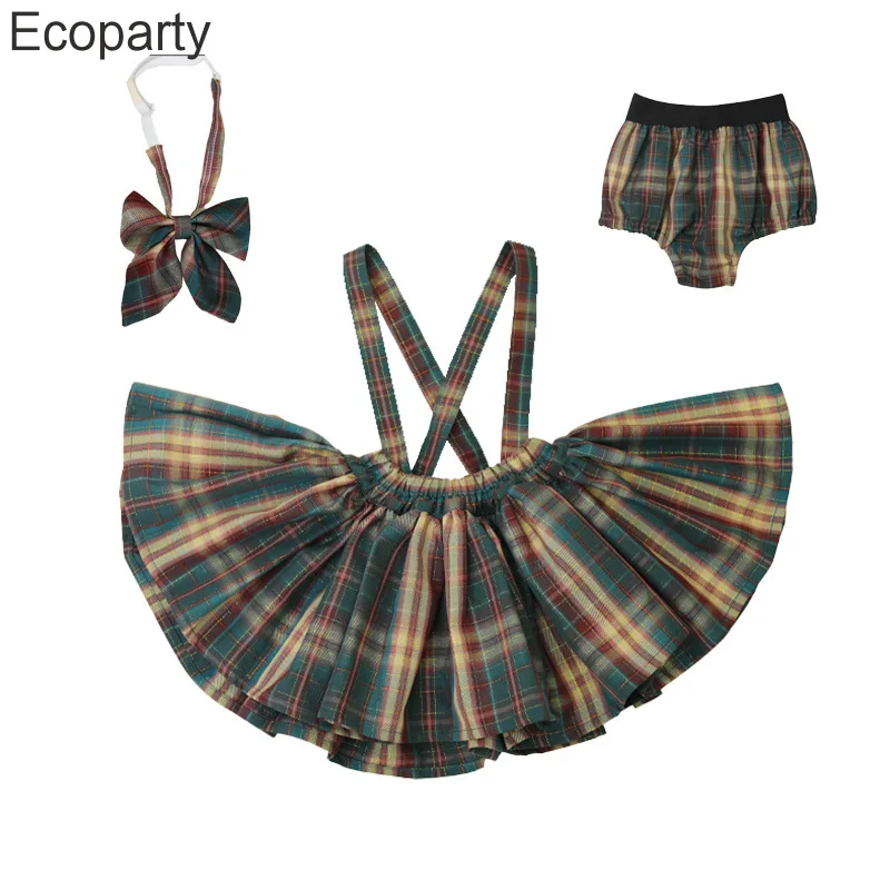 New Girls Jk Uniform Skirt Set Children's Summer College Style Plaid Strap Skirt Shirt Bow Sui Baby Girl Birthday Party Dress Up