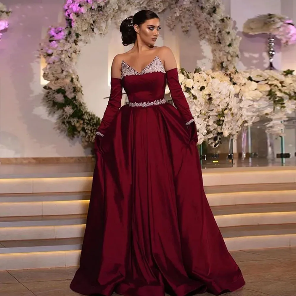 

GUXQD Taffeta Evening Dress Burgundy Long Sleeves Beach Arabic Prom Gown Beads Custom Made Celebrity Party Dress Robe de Soiree