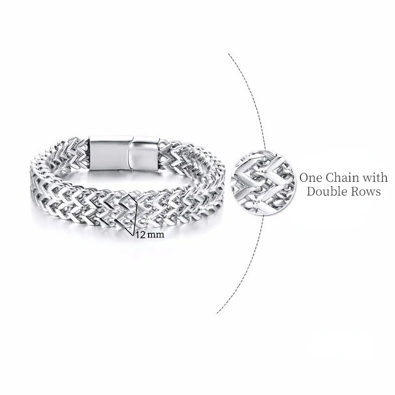 12mm Stainless Steel Men's Silver Color One Chain Double Rows Wristband Magnetic Clasp Bracelet titanium steel bracelet