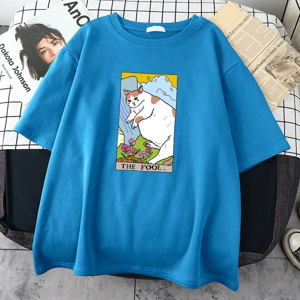 The Fool Sad Cat Meme 프린트 남성용 티셔츠, 빈티지 개성, 스트리트 탑, 올 수학 오버사이즈, 반팔, 코튼 티셔츠
