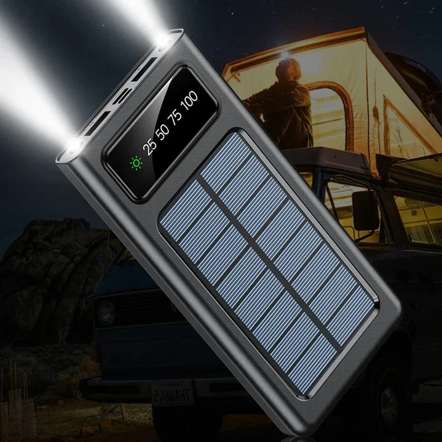 Lenovo 200000mAh Solar Power Bank Built Cables Solar Charger 2 USB Ports External with LED Light Super Fast Charger Power Bank 2