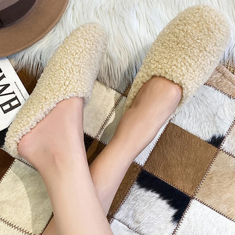 2023 Winter Wool Slippers Women Curly Sheep Fur Flat Shoes Warm Cozy Slip On Pantuflas House Slides Femme Cotton Lambswool Mules 5