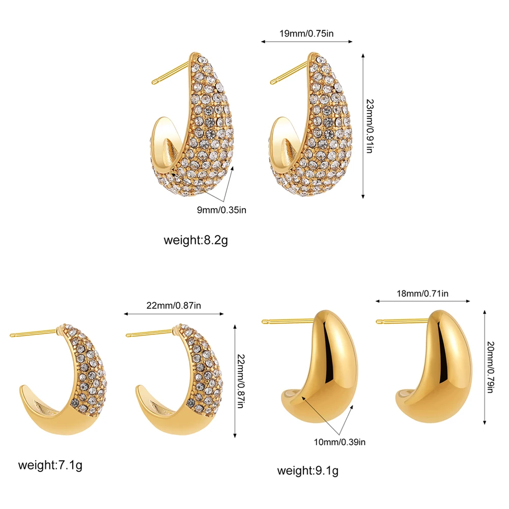 Sparkling Zircon C Shape Hoop Earrings for Women Stainless Steel Sleek Thick Ear Hoops Simple Daily New Jewelry Femal Party Gift