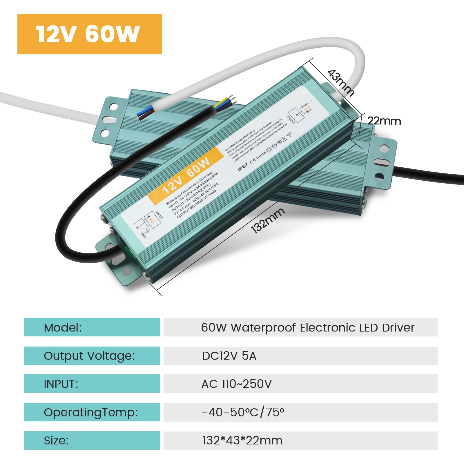 מספק כוח עמיד למים IP67 מתאם תאורת LED חיצונית AC110V-250V ל- DC 12V 24V מנהל LED 100W 200W 300W 400W 500W 600W