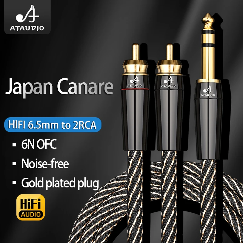 ATAUDIO HiFi 6.5mm to 2RCA Male Audio Cable 6N OFC 6.5 TRS to 2RCA Jack Cable for Power Amplifier Speaker Desktop Audio
