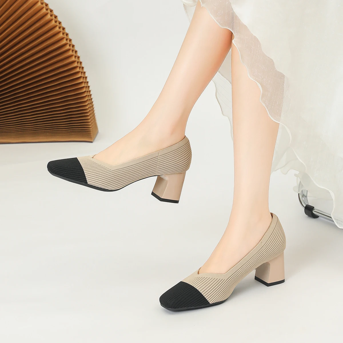 Women's High Heels Comfortable Square Knitted Breathable Comfortable Shoes (5cm High) Autumn 2025 New Collection 6