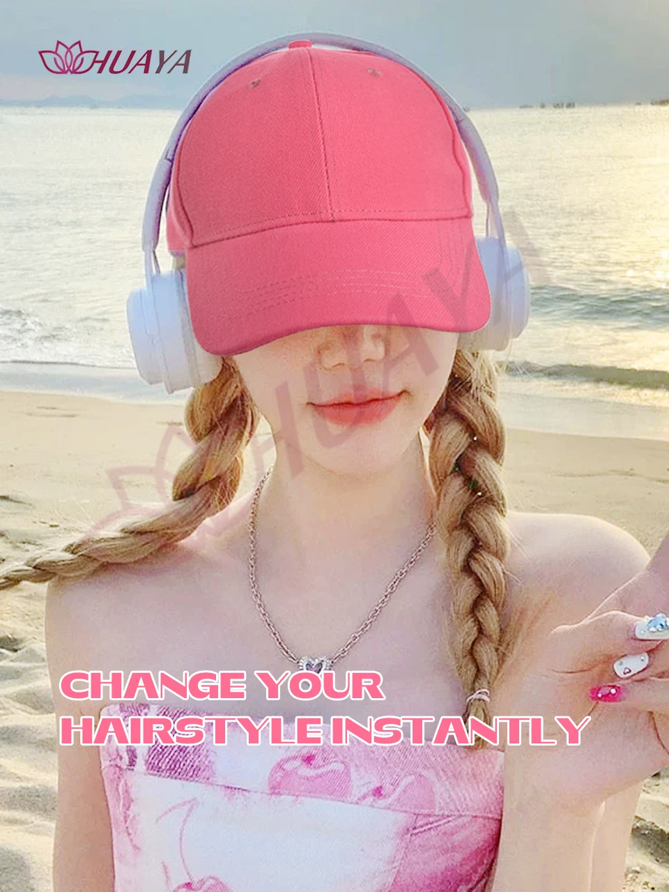 Pink Baseball Hat Hooded Wig Hat Wig Long Straight Wig Synthetic Hair Beginners Friendly Heat Resistant Natural Looking For Dail