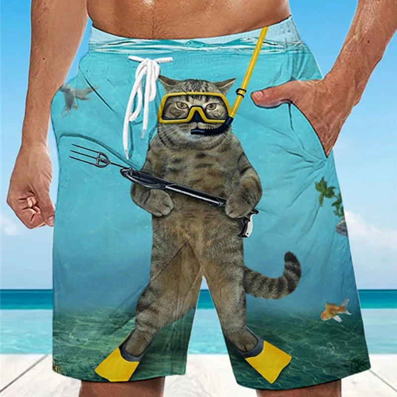 

Funny Cat Graphic Swimsuit Summer 3D Printed Shorts Holiday Men Women Casual Loose Beach Shorts Personality Lace-up Short Pants