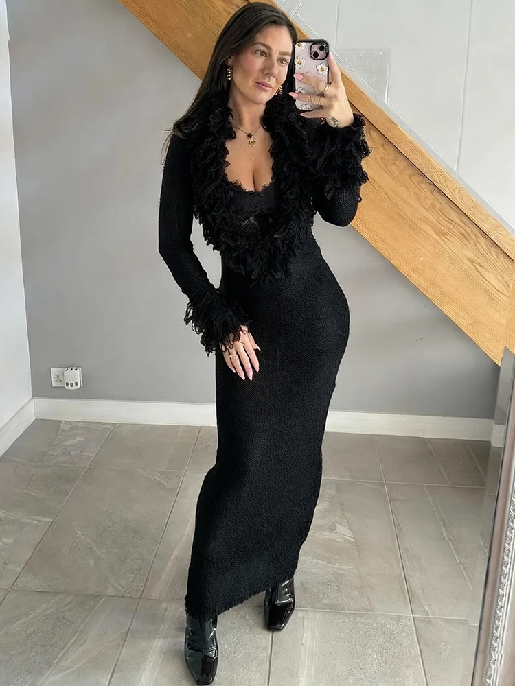 Nibber  Full Sleeve Fashion Furry Tassel Maxi Dresses Woman Crochet Low-Neck Elegant Skinny High Waist Street Classic Vestidos