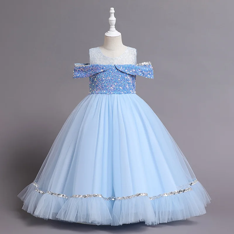 Children's princess dress lace one-shoulder long dress flower girl wedding lace beaded party princess flower girl dresses