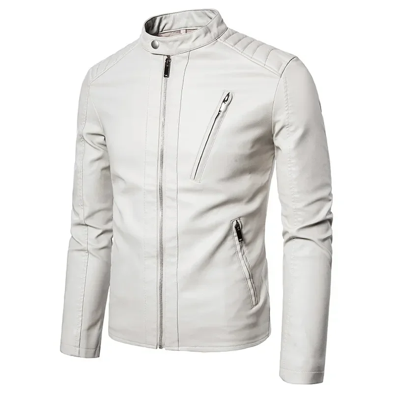 Men's Stand Collar Leather Jackets Fashion Casual Streetwear Spring Autumn Motorcycle Windproof