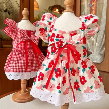 Pet Clothes Flutter Sleeve Three-color Dress Spring Summer Teddy Bear Corgi Puppy Cat Apparel 1