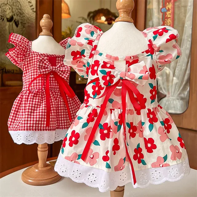 Pet Clothes Flutter Sleeve Three-color Dress Spring Summer Teddy Bear Corgi Puppy Cat Apparel 1