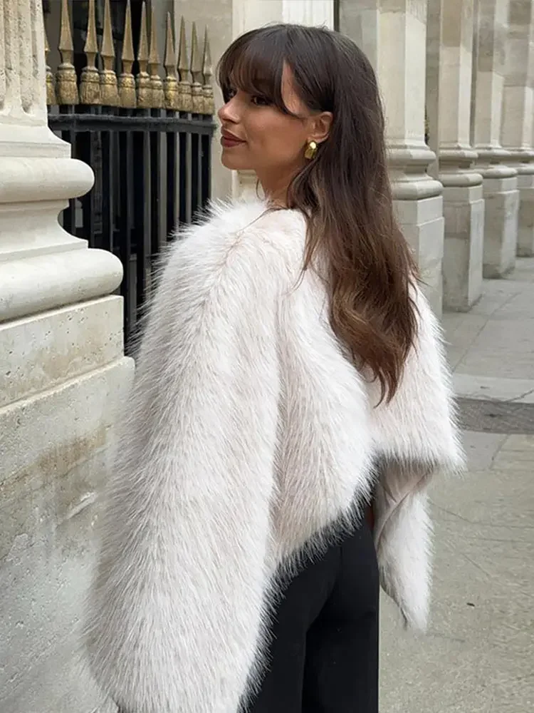 Elegant Crop Top Faux Fur Women 2024 Long Lantern Sleeves Thick Coats Female Autumn Winter Fashion Solid Warm Outwears Lady 4