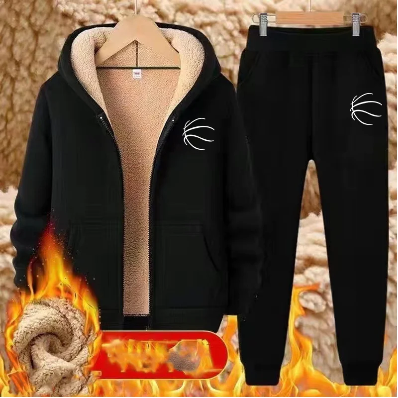 

Fashion print Tracksuit Men Lamb Cashmere Winter Hooded Sweatshirt Thick Warm Sportswear Men Sets Male Casual Suit Two Piece Set