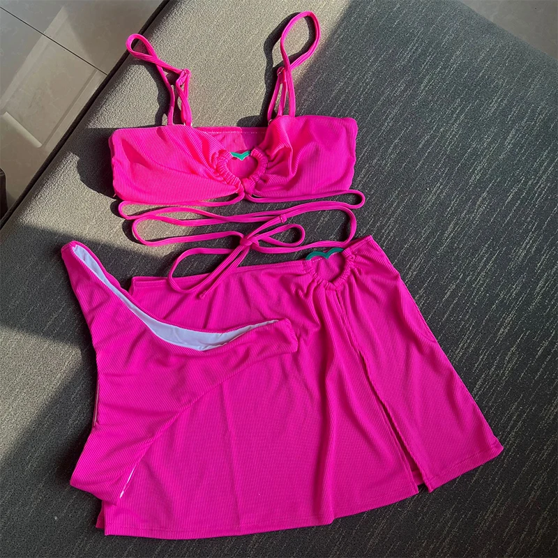 2023 New Sexy Three Pieces Bikini Set Ribbed Swimwear Women Swimsuit Female Bikini and Beach Skirt Bathing Suit Beachwear Bather