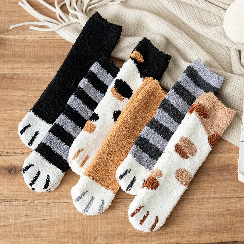 

1 Pairs Winter Socks Women Thick Coral Fleece Kawaii Warm Tube Socks Animal Cat Paw Cute Socks Girls Soft Home Floor Socks