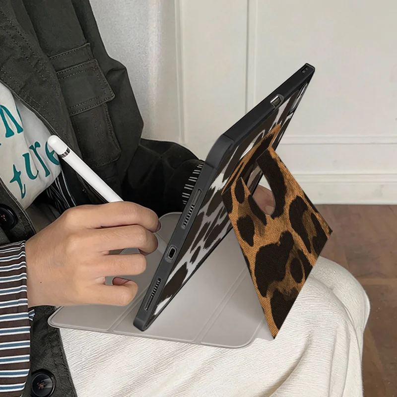 Denim Brown Leopard 360° Rotatable Tri-Fold Case with Pencil Slot and Auto Sleep/Wake Function