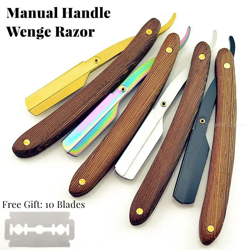 

Manual Shaver Stainless Steel Straight Edge Sharp Barber Razor Wenge Wooden Handle Folding Shaving Beard Cutter Free 10 Blades