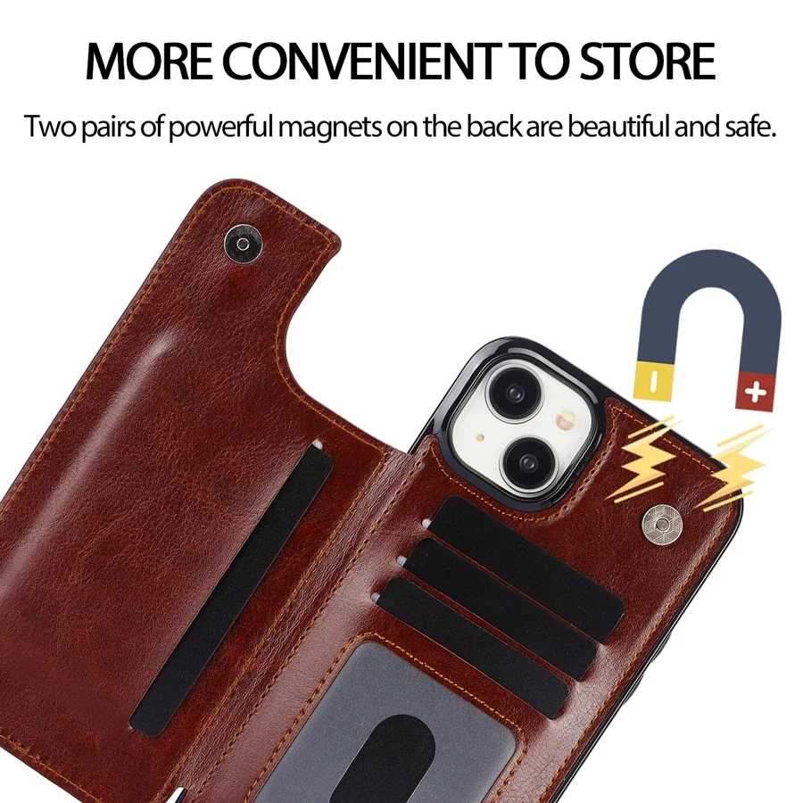 Double Button Flip Wallet Protection Leather Case For iPhone 15 Pro Max 14 Plus 13 Mini 12 11 SE X XS XR 8 7 6s Cover Phone Case Leather Phone Case Leather Wallet Case Leather Case