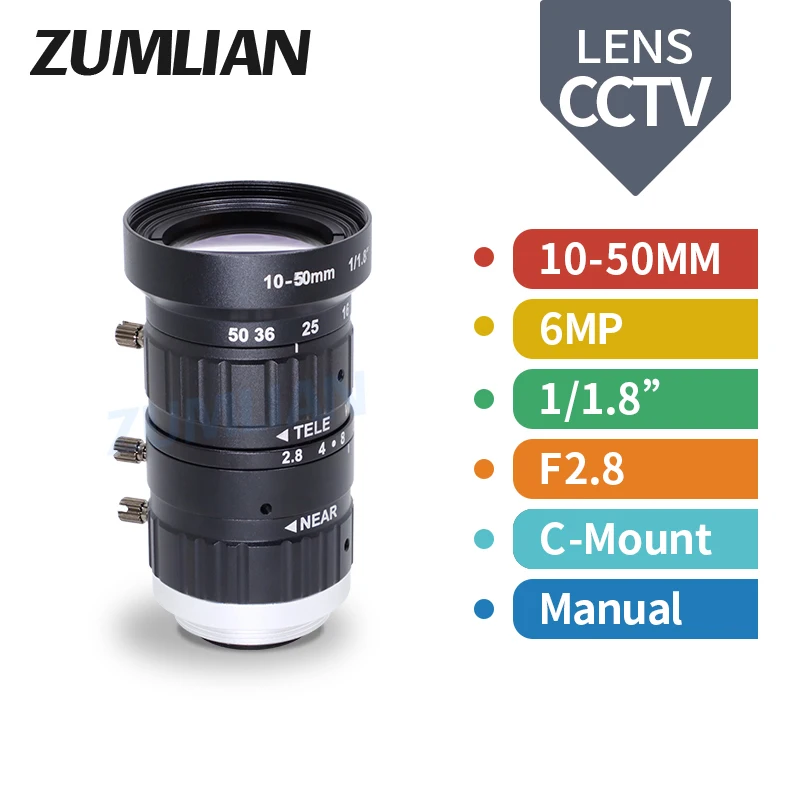 

ZUMLIAN FA Lens 6MP C-Mount 10-50mm Low Distortion Manual Iris Machine Vision 1/1.8 Inch F2.8 Varifocal Zoom Camera CCTV Lenses