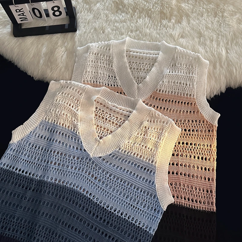 Sweater Vest Men Panelled Striped Couple Clothes Y2k V-neck Hollow Out Streetwear Fashion American Vintage Harajuku Knit Hipster