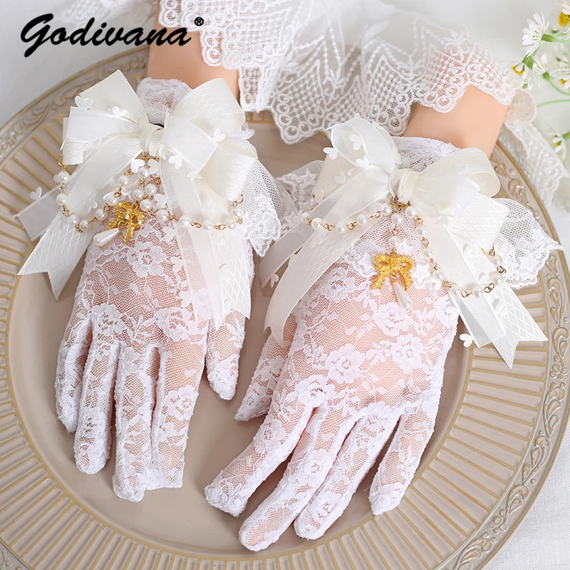 

Lolita White Lace Bow Pearl Bead Chain Finger Sun Protection Lace Gloves Lady Girls Elegant Retro Thin Gloves