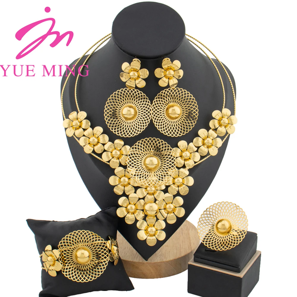 

YM Gold Plated Women's Jewelry Sets Beads Pendant Necklace Earrings Copper Cuff Bangles Ring Wedding Gifts Jewelry Accessories