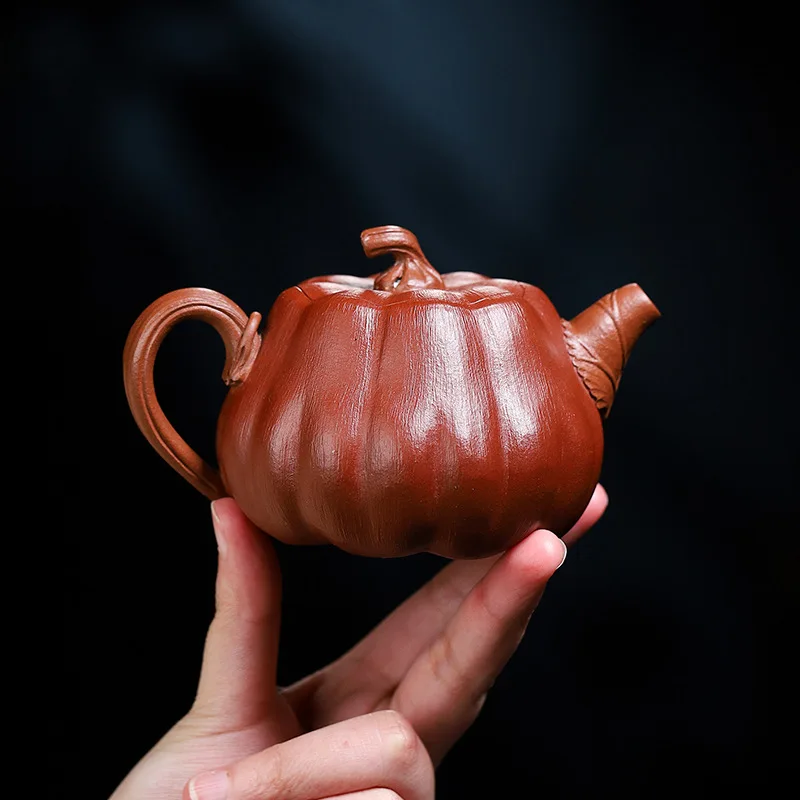 Chinese Style High Pumpkin Shape Teapot, Purple Clay Raw ore Dahongpao, Kung Fu Household, Pure Handmade, 240cc, Tea Pots, 1Pc