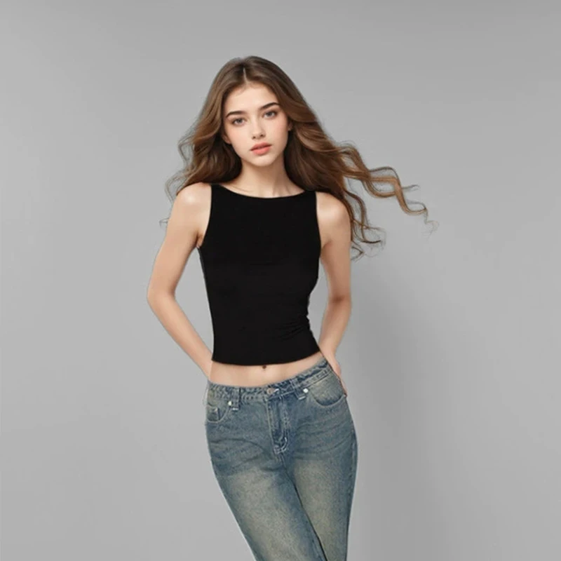 Sommer-Damen-Weste mit U-Boot-Ausschnitt und schmaler Passform, einfarbiges Street-Baumwollwesten-Top im neuen Stil – Detail 7