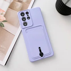 Premium Fine Hole Sliding Card Holder Silicone Phone Case - Shockproof Soft Back Cover - Galaxy S22 Ultra (Purple)
