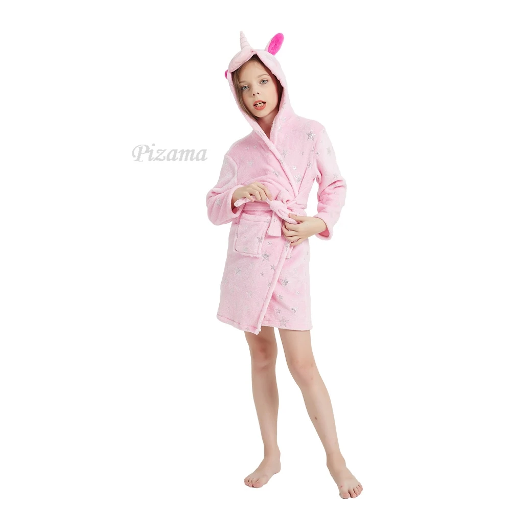 Pink Star Print Girls Bathrobes Hooded Unicorn Pajamas Children's Bath Robes for 2-11 Years Kids Sleepwear Nightgown withe Belt