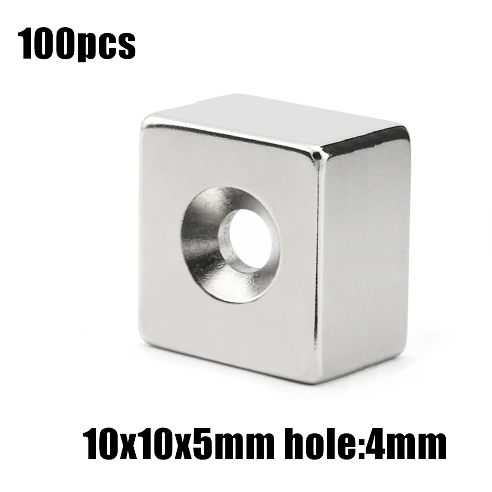 

100pcs 10x10x5mm hole:4mm Block NdFeB Neodymium Magnet N35 10x10x5-4 mm Super Powerful Permanent Magnetic