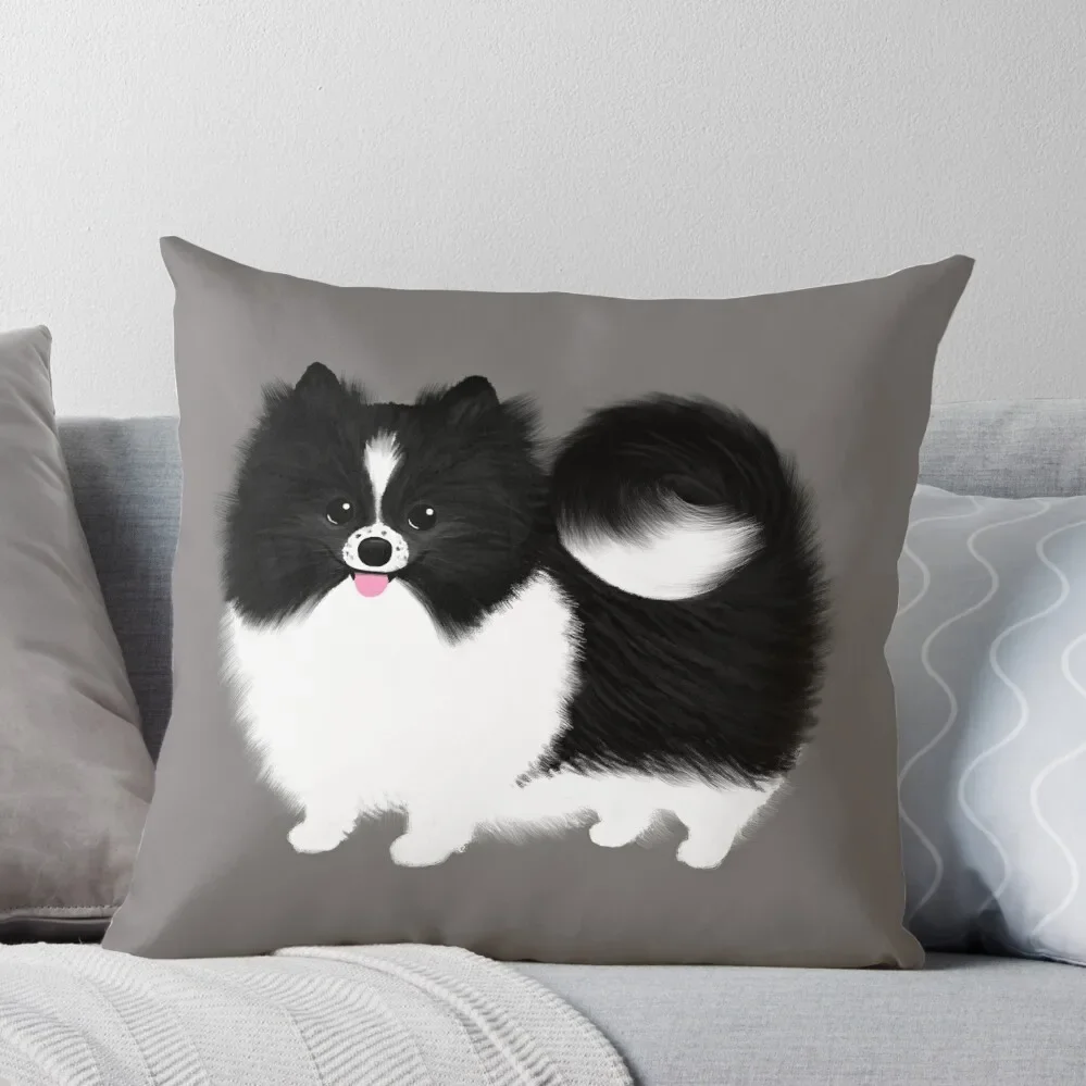 Black and White Parti Pomeranian Cute Black and White Fluffy Dog Throw Pillow Decorative Cushions For Luxury Sofa