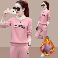 Ensemble de vêtements de sport décontractés en polaire épaisse pour femmes, taille plus, chaud pour l'hiver, amincissant, deux pièces, sweat-shirt et pantalon tendance 3