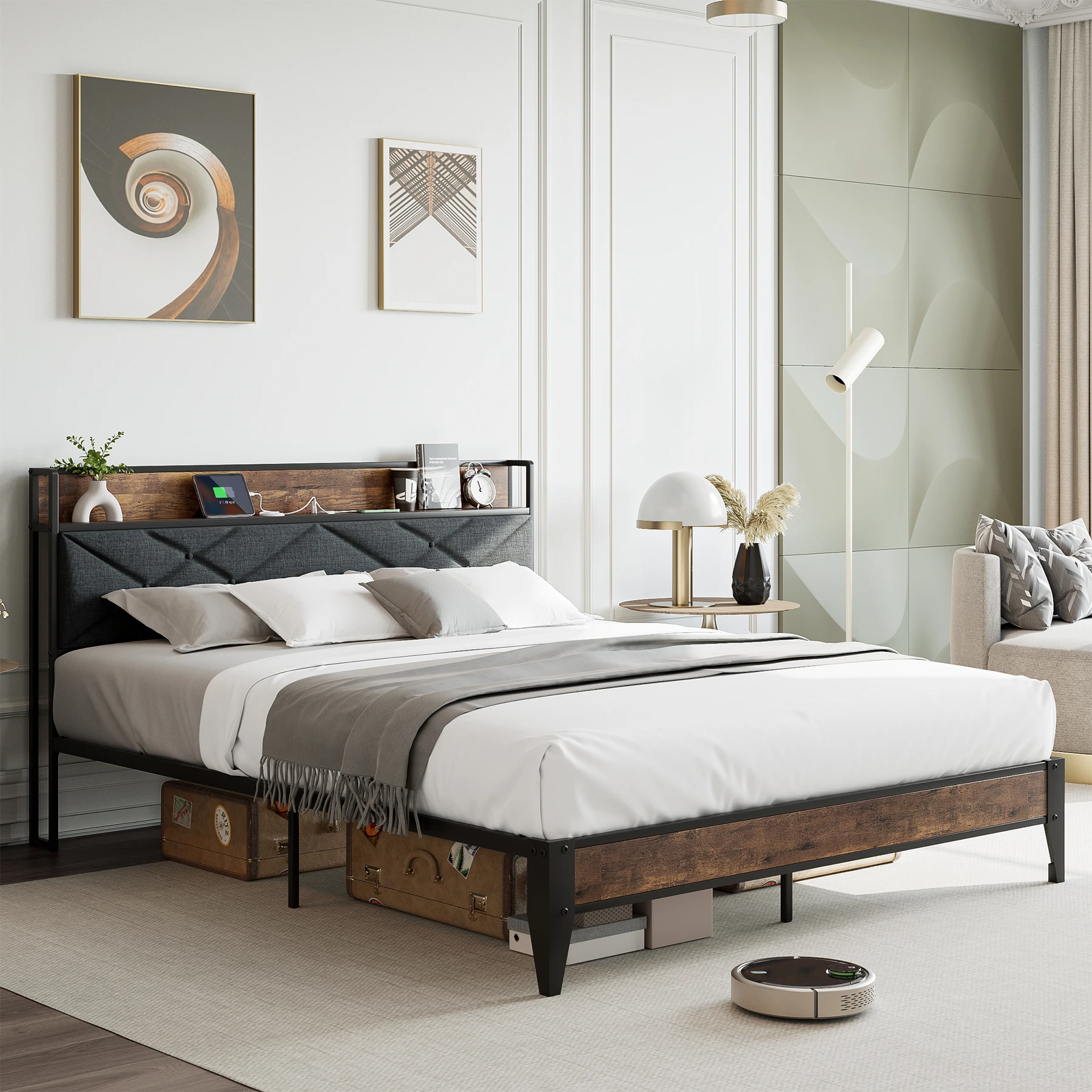Full Size Bed Frame with Headboard - Grey Upholstered, Noise-Free Steel Slats Support No Box Spring Needed Easy Assembly Bed 6
