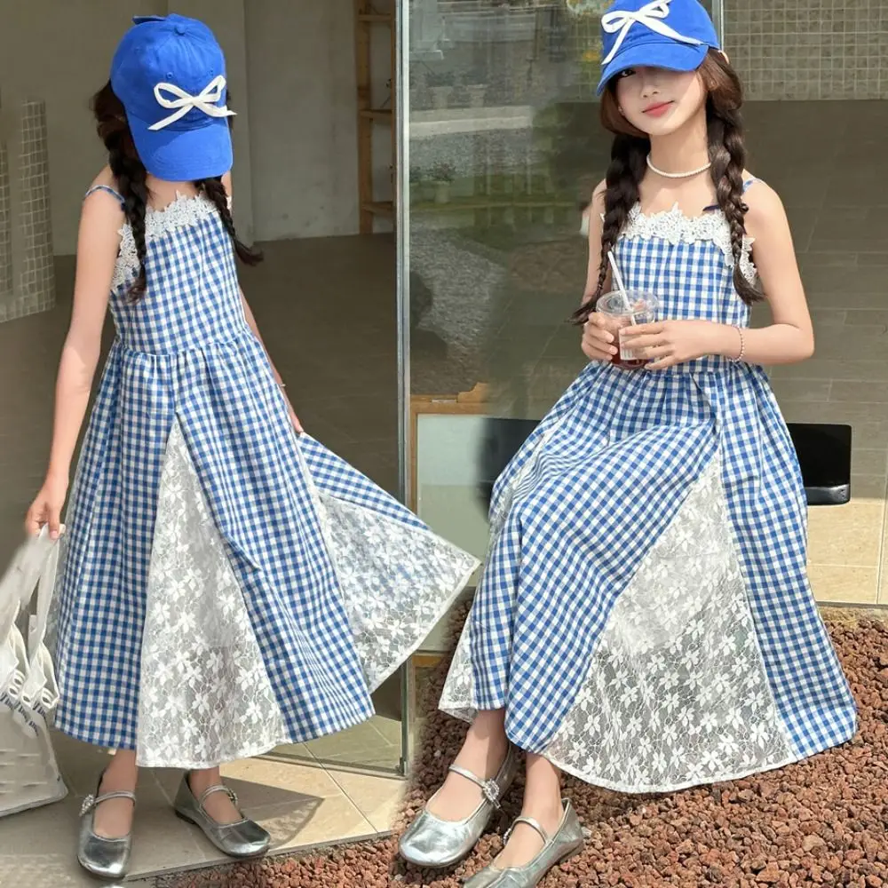 Fashion Plaid Girl Princess Dress Lace Mesh Sweet Teens Sling Dress Skirt Loose Children Sleeveless Dresses Beach