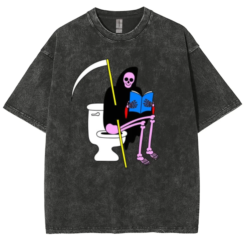 Summer 2024 New Women's Washed Black T-Shirt Y2K Oversized Skull Print Loose Top Casual Funny Design Short Sleeve