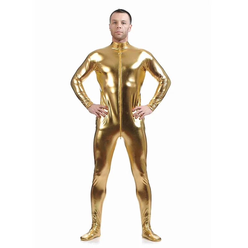 Ensnovo Men Latex Suit Black Shiny Metallic Tights Gold Zentai Suit Full Body Unitard Skin Bodysuit Zipper Front cosplay costume,adult unitard,latex lingerie,mens bondage lingerie