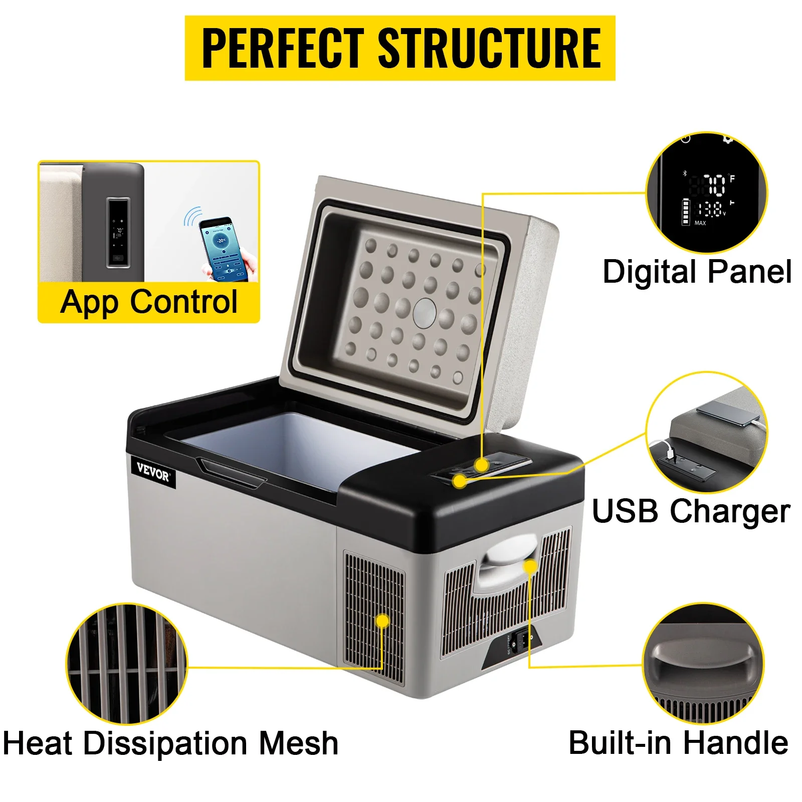 VEVOR portable refrigerator featuring app control, digital panel, usb charger, and handle.