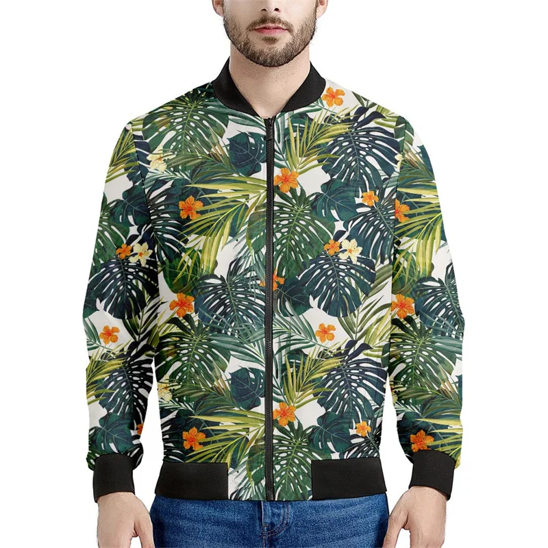 thumbnail image 1 of Chaqueta con cremallera y estampado de flores hawaianas para hombre, sudadera con estampado de plantas tropicales en 3D, sudaderas estilo bomber, abrigos de manga larga de gran tamaño, 1 of 5