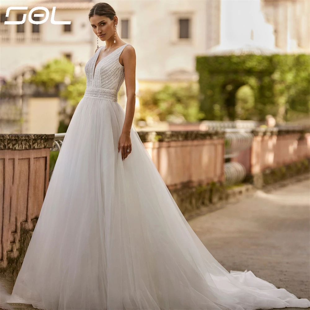 

SOL Elegant V-Neck Spaghetti Straps Tulle Wedding Dress With Belt BOHO Backless Sweep Train Bridal Gowns Sexy Custom Made