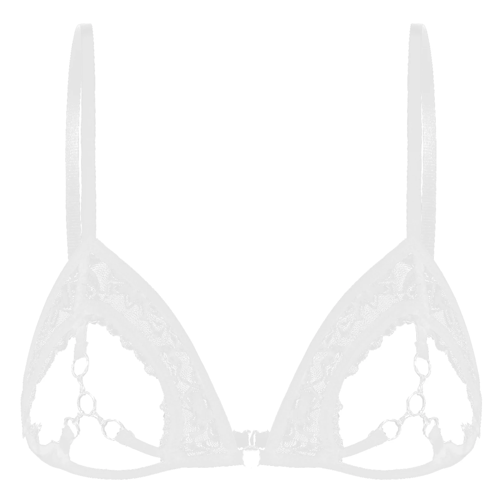 Womens See Through Sheer Lace Lingerie Adjustable Spaghetti Shoulder Straps Open Cups Bra Top with Metal Rings Linked at Bust